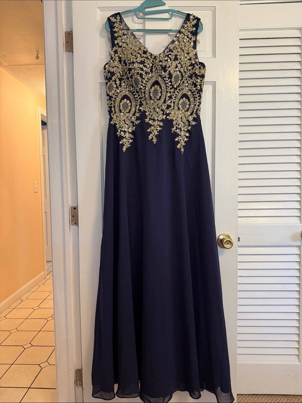 Navy Evening Gown with Gold Lace Appliqué